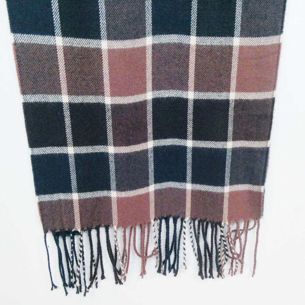 Windowpane Check Scarf Rectangle Fringe Brown Navy Blue Squares Pattern Flannel‎